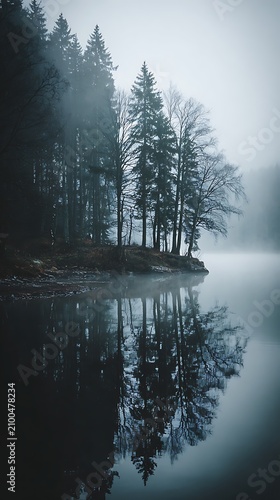 Dark academia foggy forest lake scenery misty pine forest reflected in calm lake during moody and atmospheric winter morning