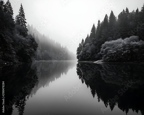 Dark academia foggy forest lake scenery black and white landscape of calm lake surrounded by dense pine forest in thick morning fog