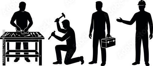 Cuadro en lienzo Carpenter and Construction Worker Silhouette Set with Workbench Hand Tools Hamme