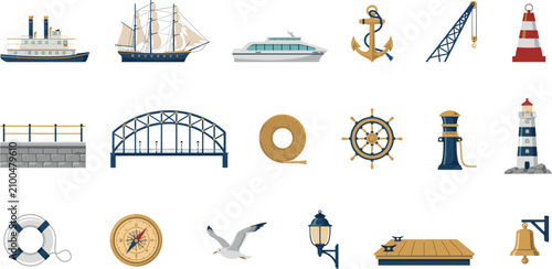 Quadro em tela Nautical marine and port harbor vector element set featuring ships anchor lighth