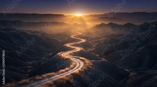 A breathtaking high-contrast landscape capturing the raw, volcanic-like textures of desert badlands during the transition from dawn to daylight.