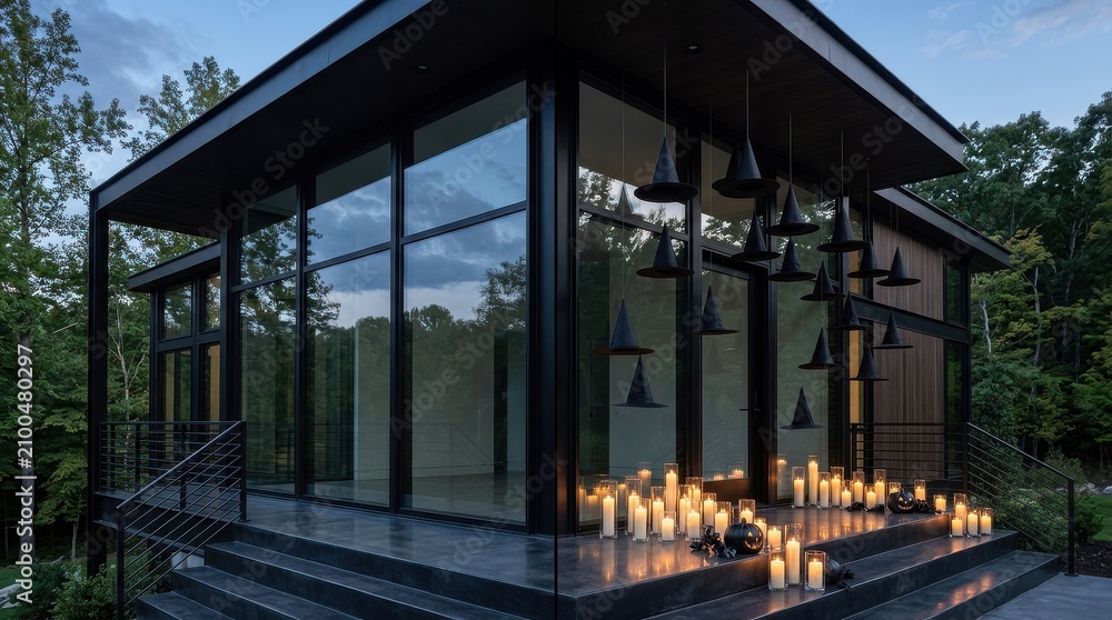 Fototapeta premium Modern House Porch Decorated Halloween Candles Witch Hats Dusk
