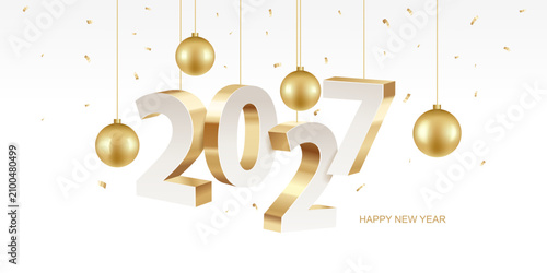 Happy new year 2027. Golden 3D numbers with Christmas decoration and confetti on a white background. Holiday greeting card design.