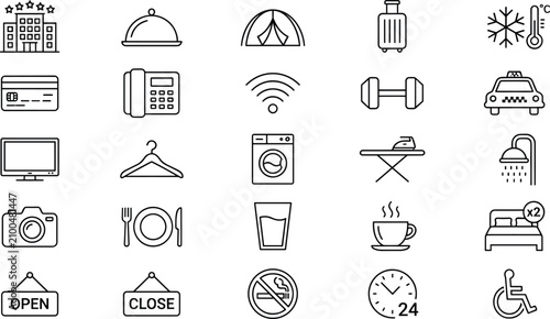 Foto Hotel and travel line icon set featuring accommodation services vacation ameniti