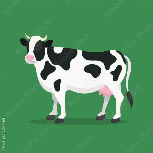 Cow stands in a profile position as a stylized farm animal illustration on a solid green background.