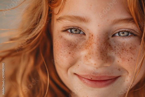 Close-up portrait of a smiling girl with freckles and red hair