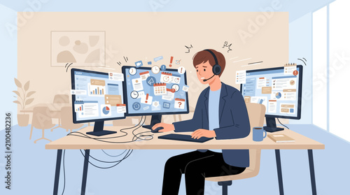 Busy overloaded man in headset with multiple computer screens at desk, multitasking