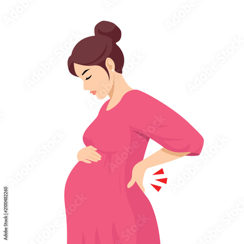 Pregnant woman suffers from lower back pain while standing in this illustrative medical health scene.