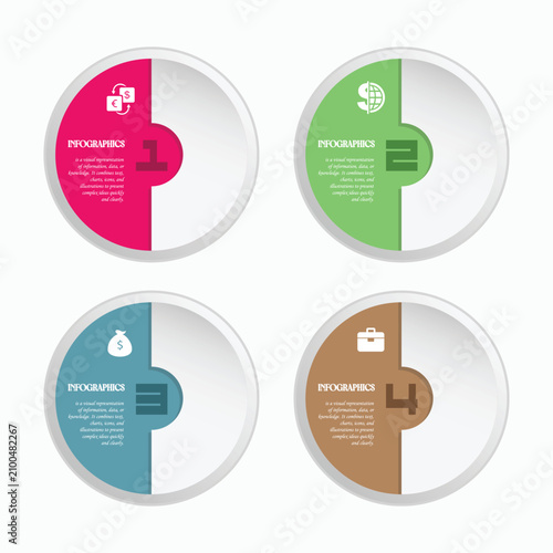 Infographic template features four circular sections with business icons for data display purposes.