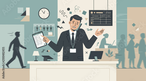Overwhelmed businessman on phone, multitasking, deadline pressure, office chaos
