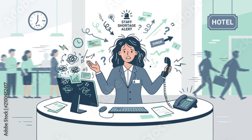 Overwhelmed hotel receptionist juggling tasks amid staff shortage