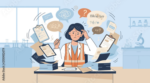 Overwhelmed scientist with cluttered desk, stress and confusion.