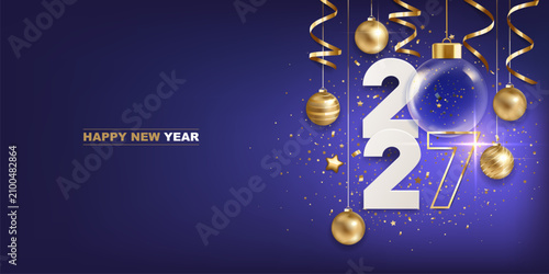 Happy new year 2027. White paper numbers with golden Christmas decoration and confetti on a blue background. Holiday greeting card design.