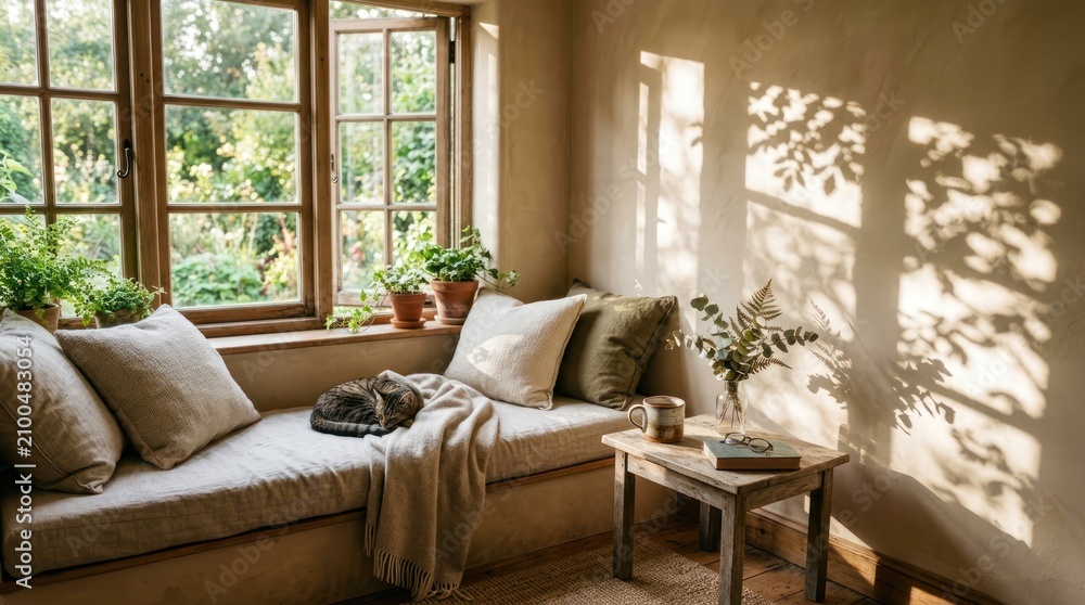 Fototapeta premium A cozy living room scene with a wooden sofa adorned with beige pillows.