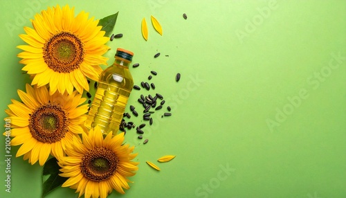 Top of view Oil bottle with sunflowers and seeds on a green background
