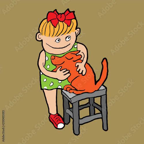 A little girl with a bow on her head hugs a cute dog. Sketch, doodle, squiggle. Vector illustration