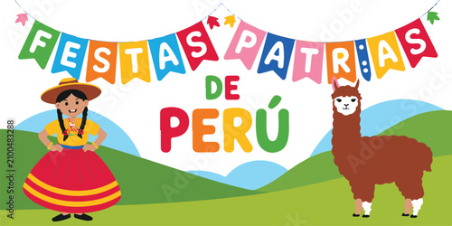 Konstfotografi Peru National Celebration Vector, Fiestas Patrias Banner with Traditional Costum