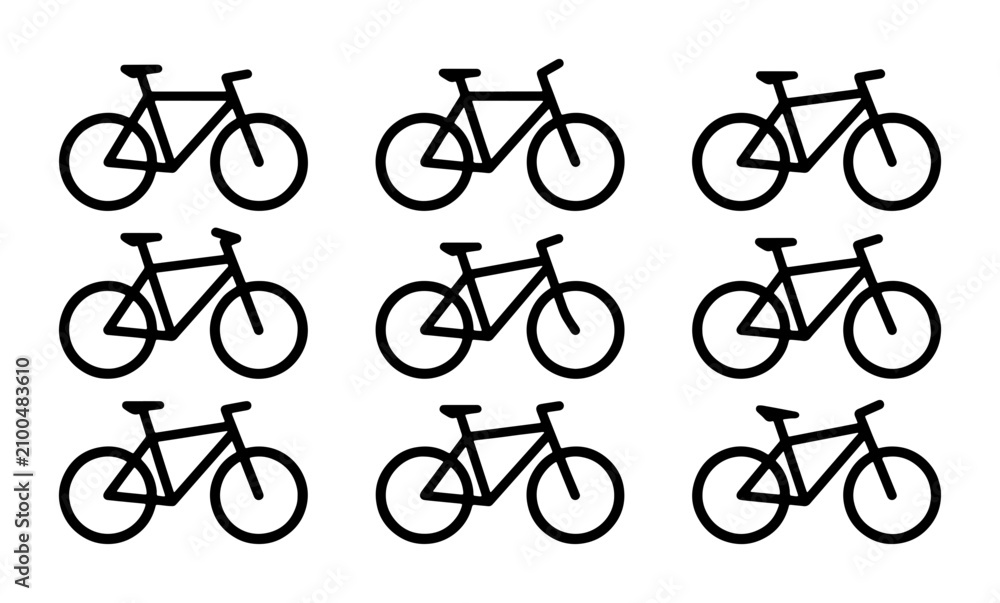 Obraz premium Nine Black Bicycle Icons, Simple Vector Graphics Set for Cycling and Transportation Themes