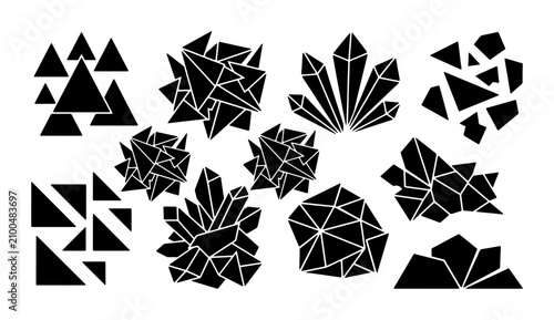 Fotografía Geometric Crystal Clusters Vector Set, Abstract Faceted Gems, Modern Mineral Sha