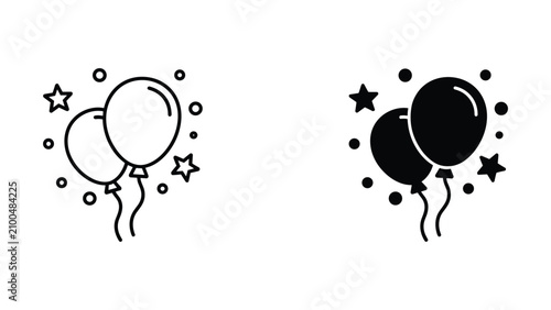 Two balloons with stars icon set featuring outline and solid black graphic for festive party themes