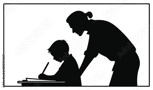 Black silhouette of teacher helping student, female tutor guiding young boy with schoolwork, classroom learning and education concept vector