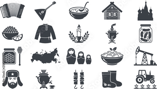 Foto Russian Culture and Heritage Glyph Icon Set Featuring Matryoshka Dolls Balalaika