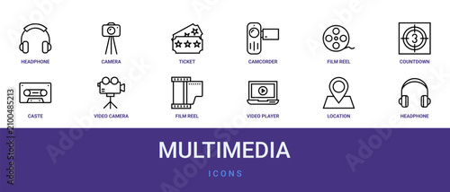 Bild auf Leinwand Set of 12 outline web Multimedia icons such as headphone, location, video player