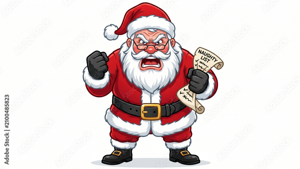 Fototapeta premium Angry Santa Claus holding a naughty list cartoon vector illustration