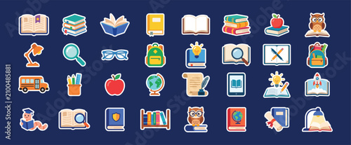 Set of education and school icons stickers white background and color black education learning stickers stationery students academic supplies white background and color black
