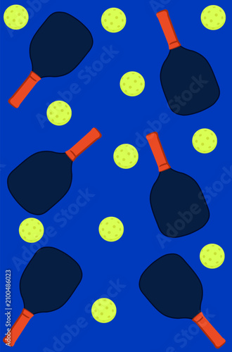 Pickleball paddles and balls creating a vivid pattern