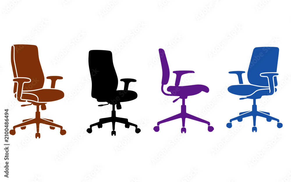 Fototapeta premium Corporate Office Desk Swivel Chairs Silhouette Set in Black Purple and Brown Colors