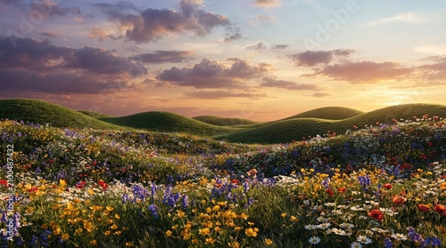 Saturated colors of orange, purple, and vibrant green come together in this majestic mountain meadow landscape, ideal for commercial stock photography.