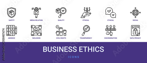 Set of 12 outline web Business Ethics icons such as data privacy, discrimination, transparency, civil rights, inclusion, absence, social responsibility vector icons for report, presentation,