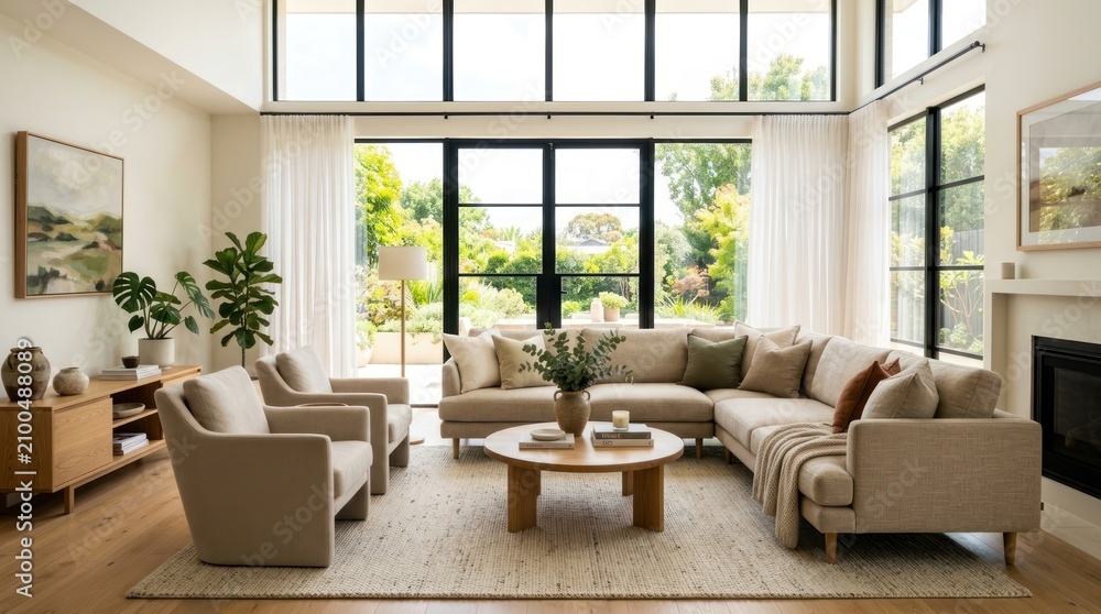 Obraz premium A modern living room with large windows showcasing a serene outdoor view.