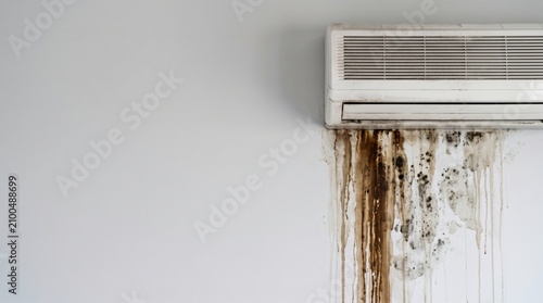 Leaking wall mounted air conditioner with dirty water stains running down a white wall. Faulty HVAC system, condensation leak, poor maintenance, and appliance service. Copy space