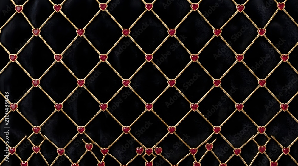 Obraz premium Elegant black and gold diamond pattern with ruby red heart accents