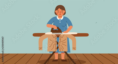 Woman ironing clothes on a wooden floor indoors