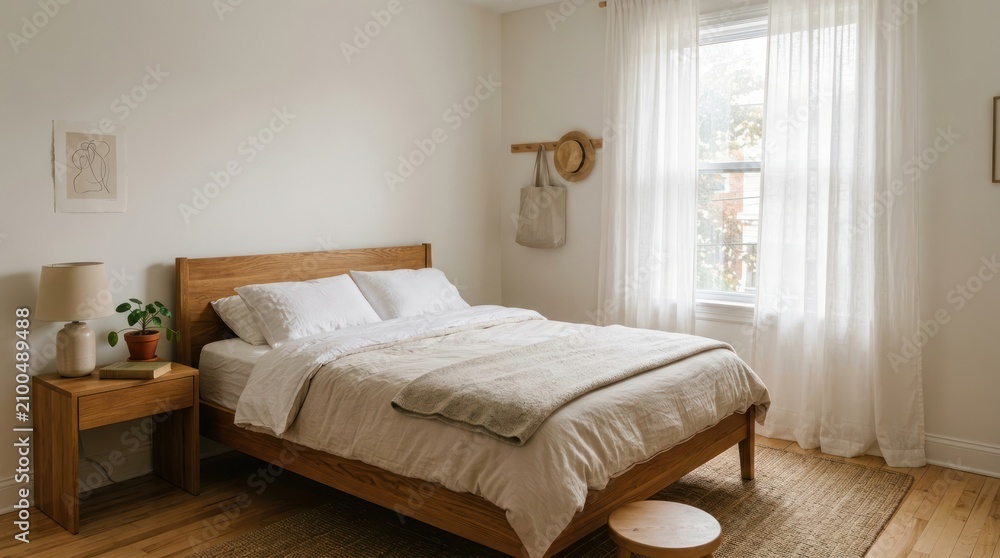Fototapeta premium A cozy bedroom scene featuring a wooden bed with white bedding,