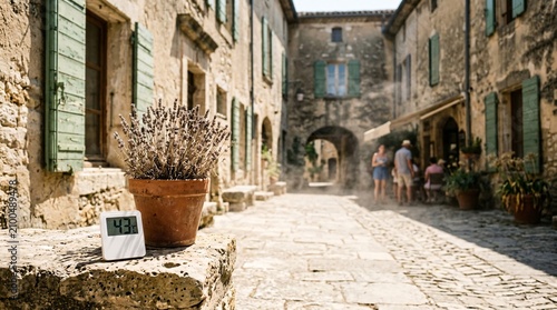 A digital thermometer displays an extreme 43-degree Celsius temperature during a severe summer heatwave in a historic, sunny European cobblestone village.