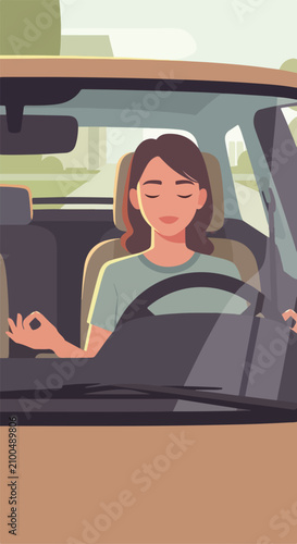 Woman meditating while driving a car on a sunny day