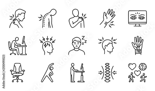 Office Syndrome Thin Line Icon Set Editable Stroke Vector