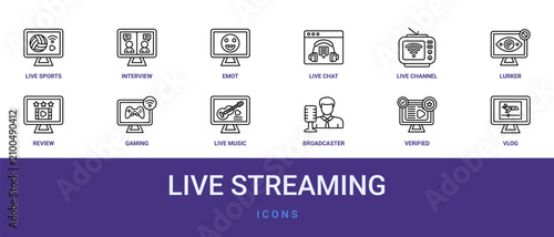 Canvastavla Set of 12 outline web Live Streaming icons such as vlog, verified, broadcaster,