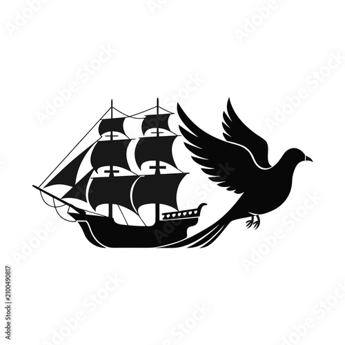 Black silhouette of a sailing ship and a flying bird on a white background, freedom and travel... d