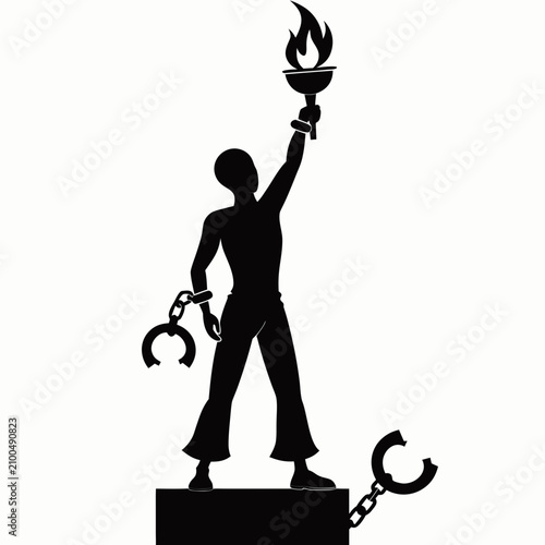 Silhouette of a person holding a burning torch with broken handcuffs on a white background, freedom