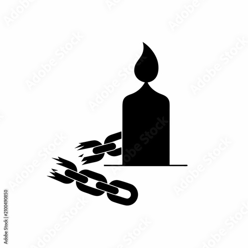 Black silhouette of a candle with a flame and broken chains on a white background, freedom and hope