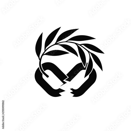 Black and white of a broken chain link shackle combined with a laurel wreath symbol d