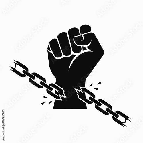 A black silhouette of a human fist breaking through metal chains on a clean white background, area d