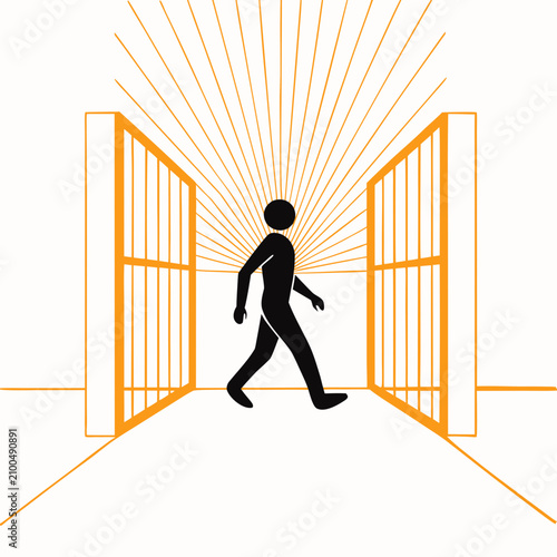 Stick figure walking through an open gate with sun rays behind, freedom and new beginning concept d