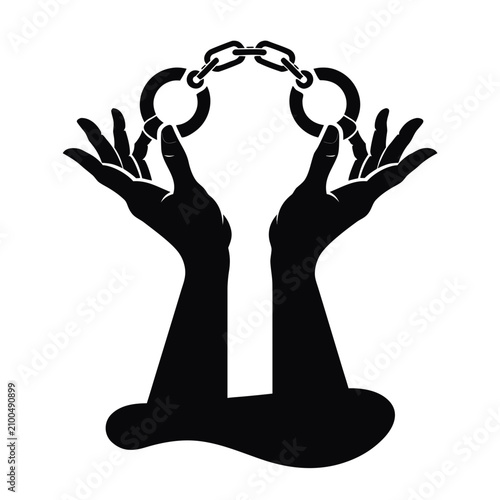 Silhouette of two hands holding a pair of handcuffs connected by a chain on a white background area
