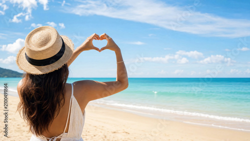 Woman in straw hat making heart gesture with hands on sandy beach during summer vacation, blue sky background with copy space